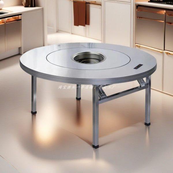 下沉火锅桌电磁炉一体家用餐桌折叠桌子不锈钢转盘圆桌商用大饭桌,住宅家具,不锈钢/PVC餐桌,淘宝优惠券,粉丝福利购,淘宝优惠卷