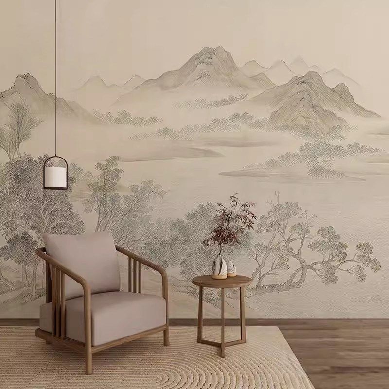 新中式山水画墙布茶室书房大气y素雅背景墙客厅沙发壁纸定制壁画3