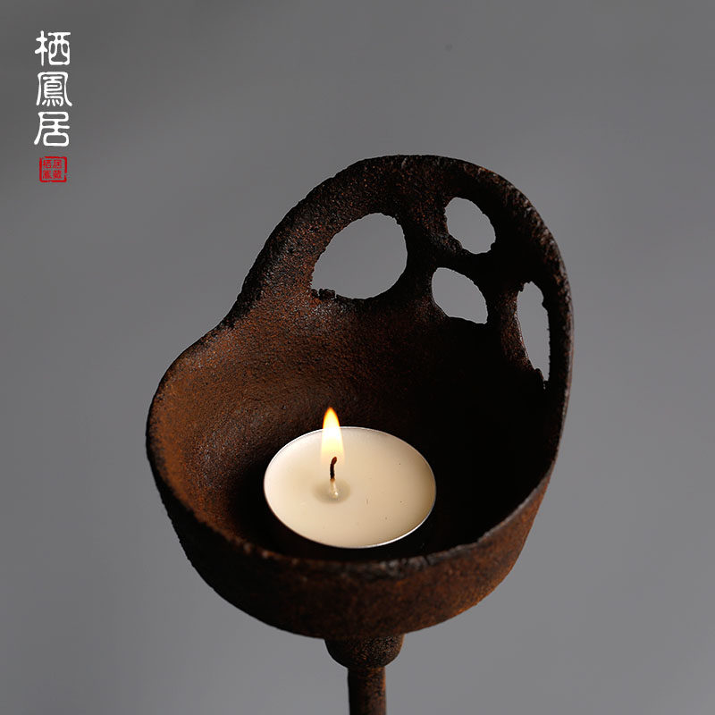 栖凤居手工复古铸铁老烛台油灯旧物中式禅意茶道灯家居装饰摆件