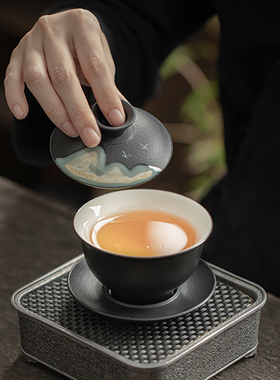 黑陶远山盖碗单个陶瓷茶具套装复古高档功夫茶杯大号三才泡茶碗