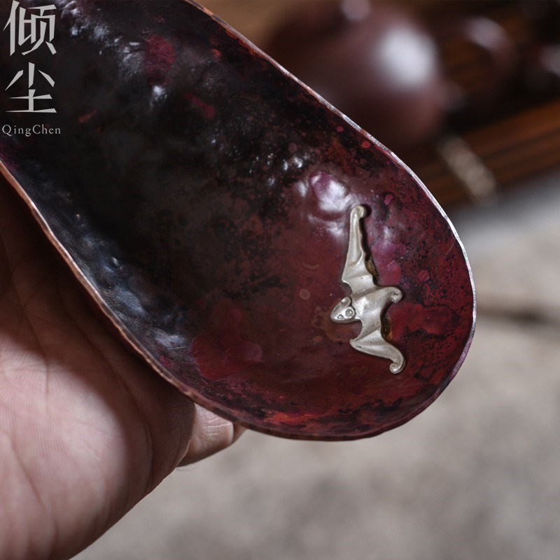 高端纯铜茶荷手工茶则二件套银蝙蝠茶铲茶勺茶拨赏茶器套组醒茶