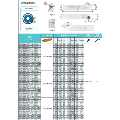 端面数控白色刀杆MGHH320/325弹簧钢数控切槽刀具配MGMN250/300