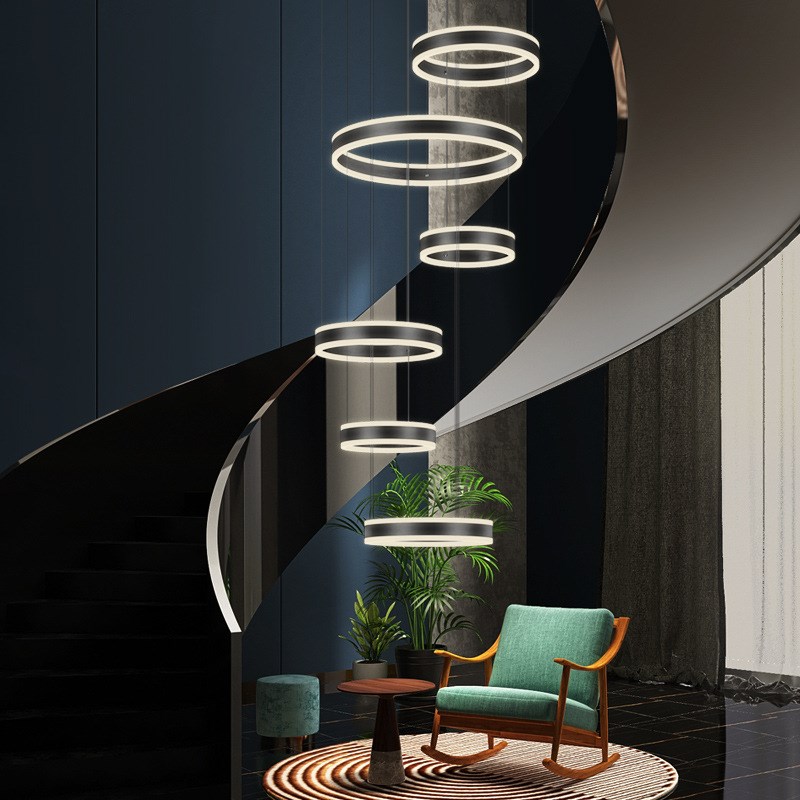 复式楼大吊灯别墅中空跃层挑空现代简约圆环轻奢高档楼Z中楼客厅