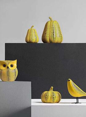 波点艺术黄色南瓜摆件动物仿真树脂摆件北欧创意客厅电视柜软装饰