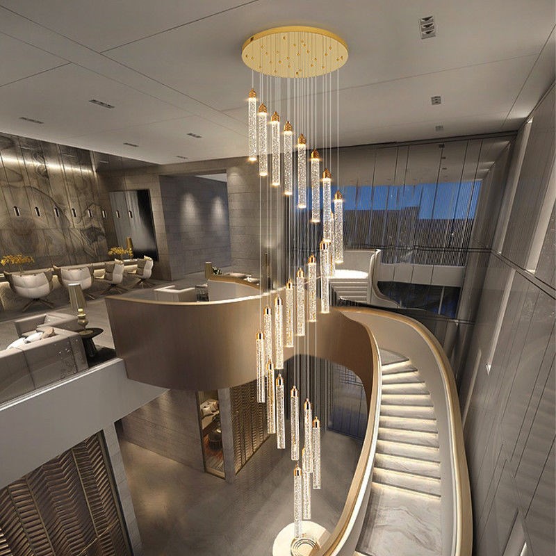 覆式楼梯灯长吊灯旋转现代轻奢水晶灯别墅loft客厅自X建房大厅吊