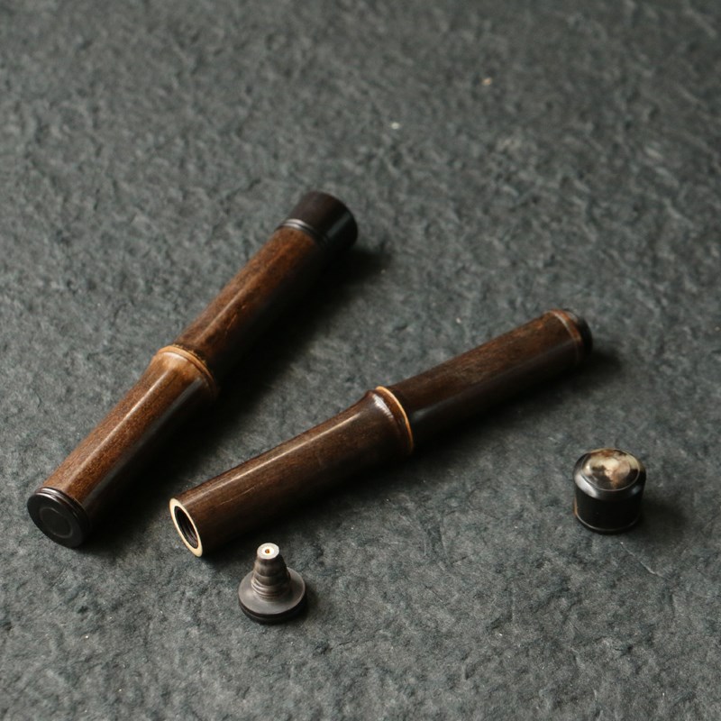 一体带香插短香筒便携式香具纯手工精工制K作紫竹黑檀木牛角口盖