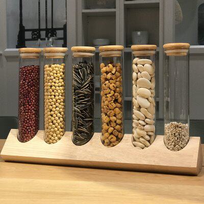 咖啡豆试管展示架 厨房密封罐豆类储存陈列架玻璃瓶创意实木收纳
