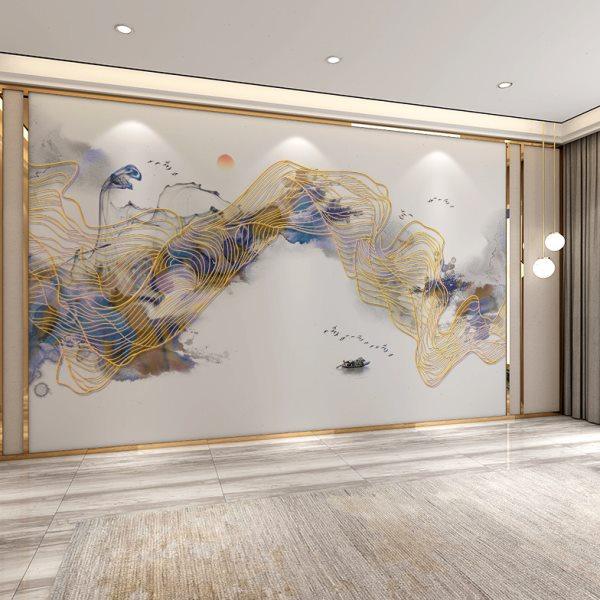 8D新中式抽象金色山水电视背景墙客厅装饰壁画现代简约影视墙布,家装主材,无纺布墙纸,淘宝优惠券,粉丝福利购,淘宝优惠卷