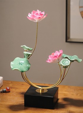 新中式禅意荷花扇子客厅玄关书房C装饰摆件酒柜轻奢乔迁新居装饰