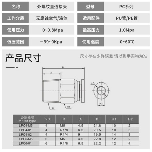 气动气管快速接头PC4PC6PC8PC10PC12PC16带01螺纹M5快插02分03 04