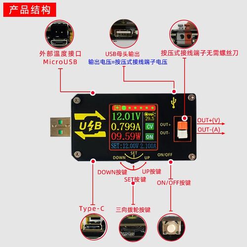 数控USB彩屏电源升降压模块恒压恒流5V转9V12V24VUSB升压线UDP