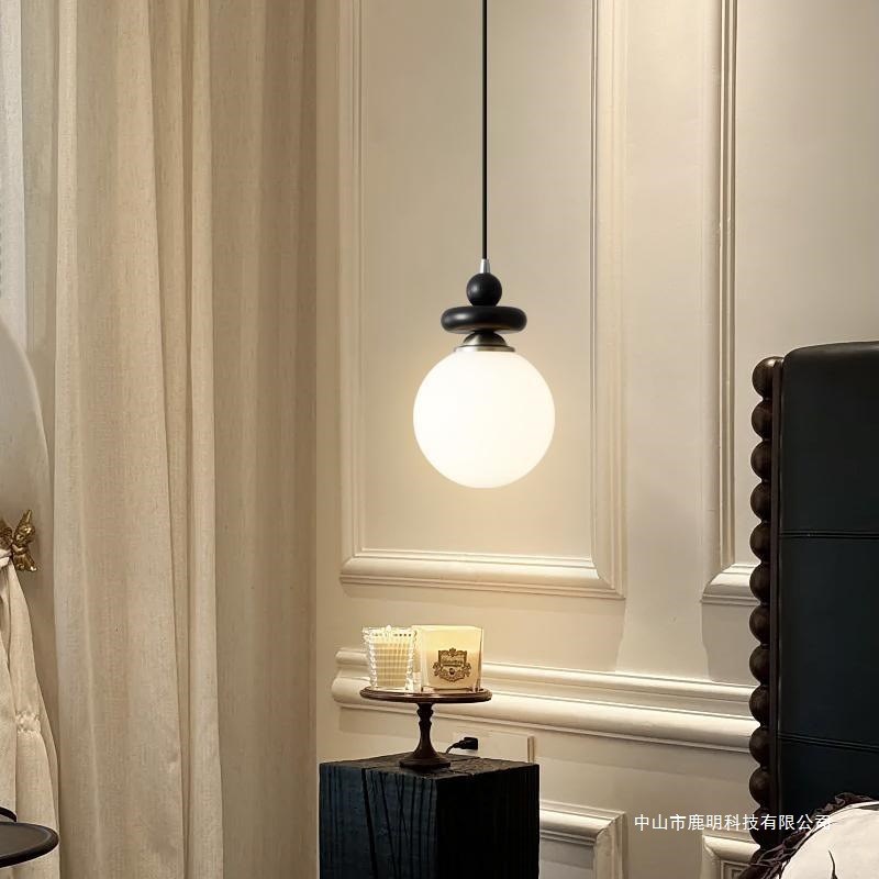 复古实木餐厅吊灯餐桌吧台灯卧室床头小吊灯N法式中古风玻璃饭厅