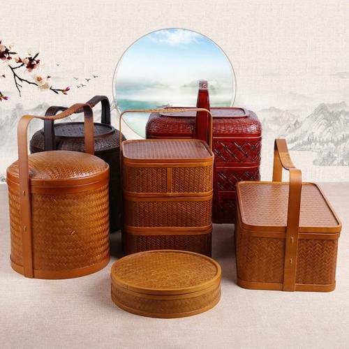 网红推日式竹编普洱饼盒食盒提篮多层中式复古结婚篮便携旅行家用