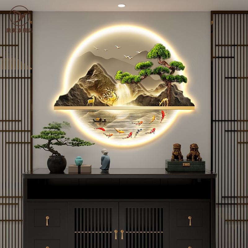 新中式入户玄关装饰画流水生财z山水画带灯走廊过道挂画迎客松壁
