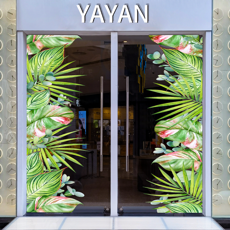 夏季热带植物绿叶玻璃贴纸创意绿植主题餐厅酒店落地玻璃装饰贴画图片