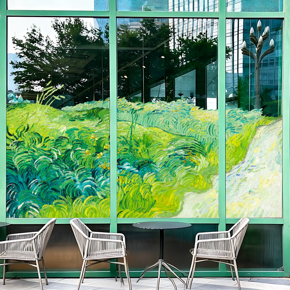 艺术油画玻璃贴纸梵高麦田画室美术培训机构装饰店铺橱窗氛围布置图片