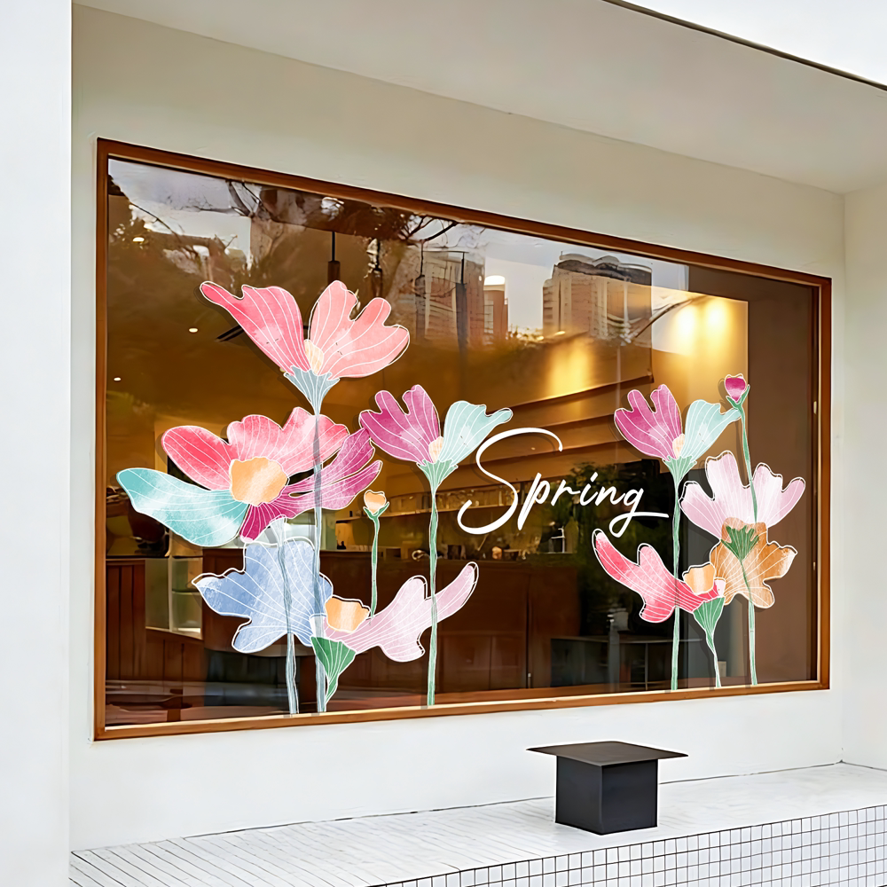 时尚简约紫色花朵玻璃贴纸餐厅服装店商铺橱窗小清新装饰窗花贴膜