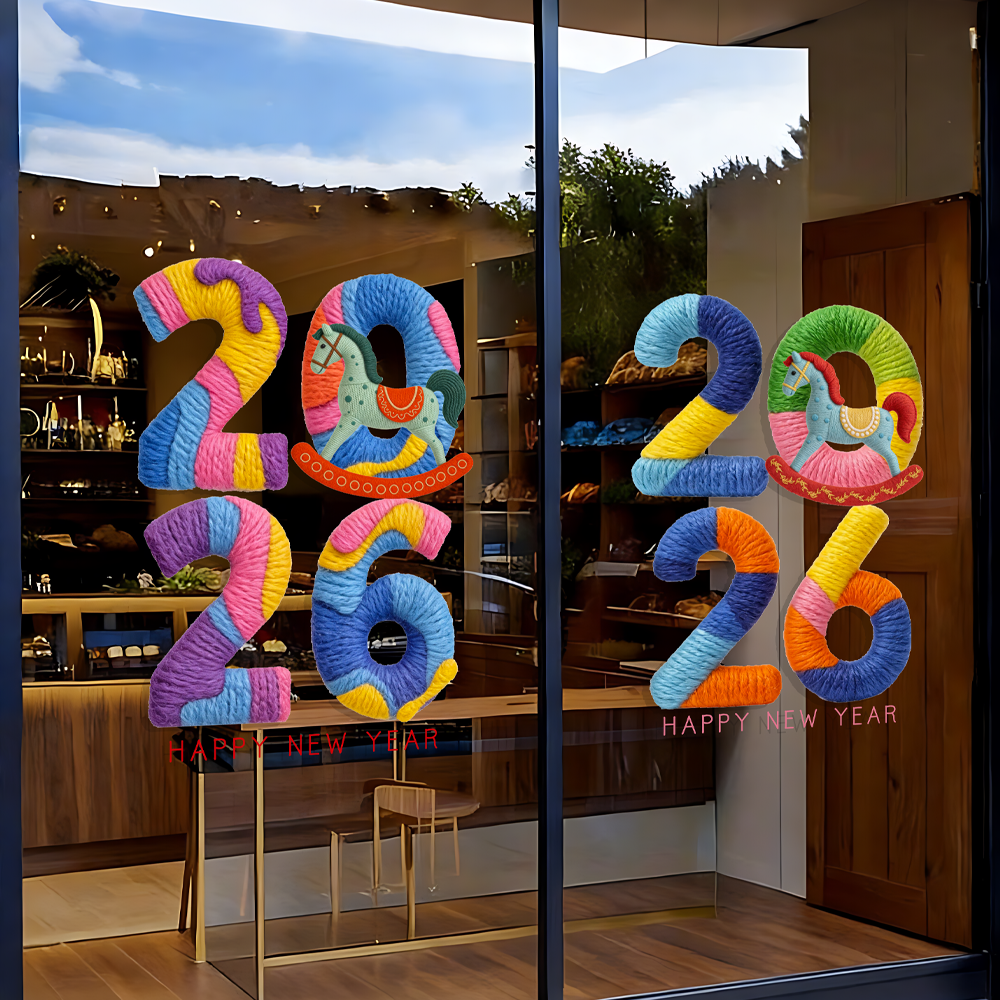 新年装饰窗花2026马年网红店铺毛绒毛线风暖冬静电玻璃玻璃门贴纸,家居饰品,软装墙贴,淘宝优惠券,粉丝福利购,淘宝优惠卷