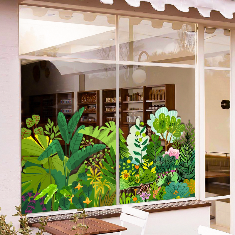高级感创意绿植花卉玻璃门贴纸装饰网红店铺隔断橱窗静电贴画布置