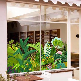高级感创意绿植花卉玻璃门贴纸装饰网红店铺隔断橱窗静电贴画布置