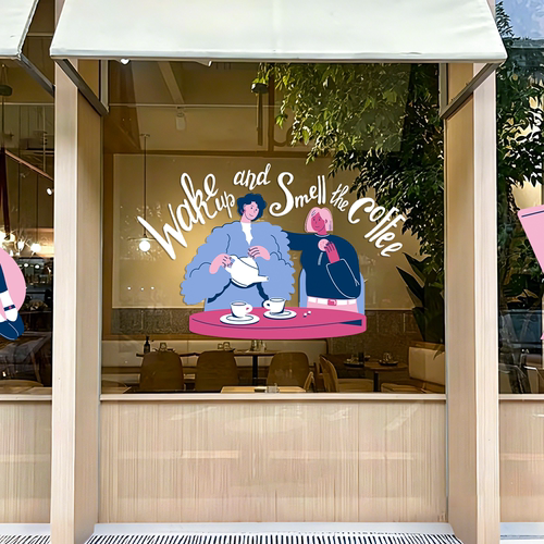 网红咖啡店创意玻璃贴纸奶茶甜品店橱窗氛围布置装饰双面静电贴膜