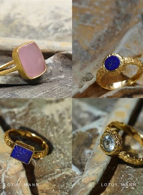 限量臻品 d粉玉髓青金石托帕石宝石复古手工纹理银镀厚金戒指