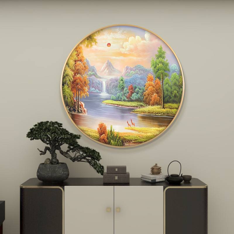 聚宝盆装饰画圆形挂画餐厅风景油画山水画客厅玄关走廊过道壁画