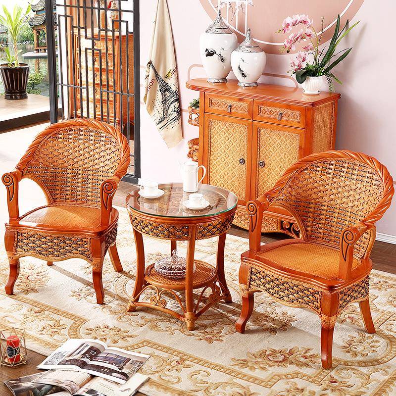 藤椅三件组合阳台8329桌椅藤单人真套藤椅几子靠背编织椅腾茶休s^