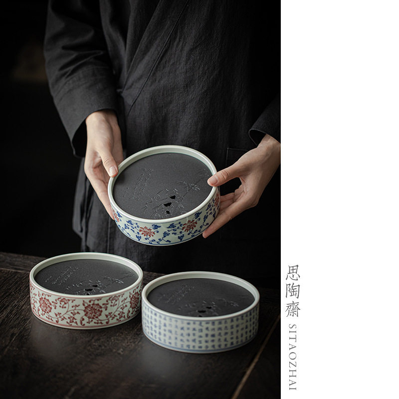仿古青花壶承干泡盘釉里红高端储水养壶垫茶承壶托盖碗底茶具配件