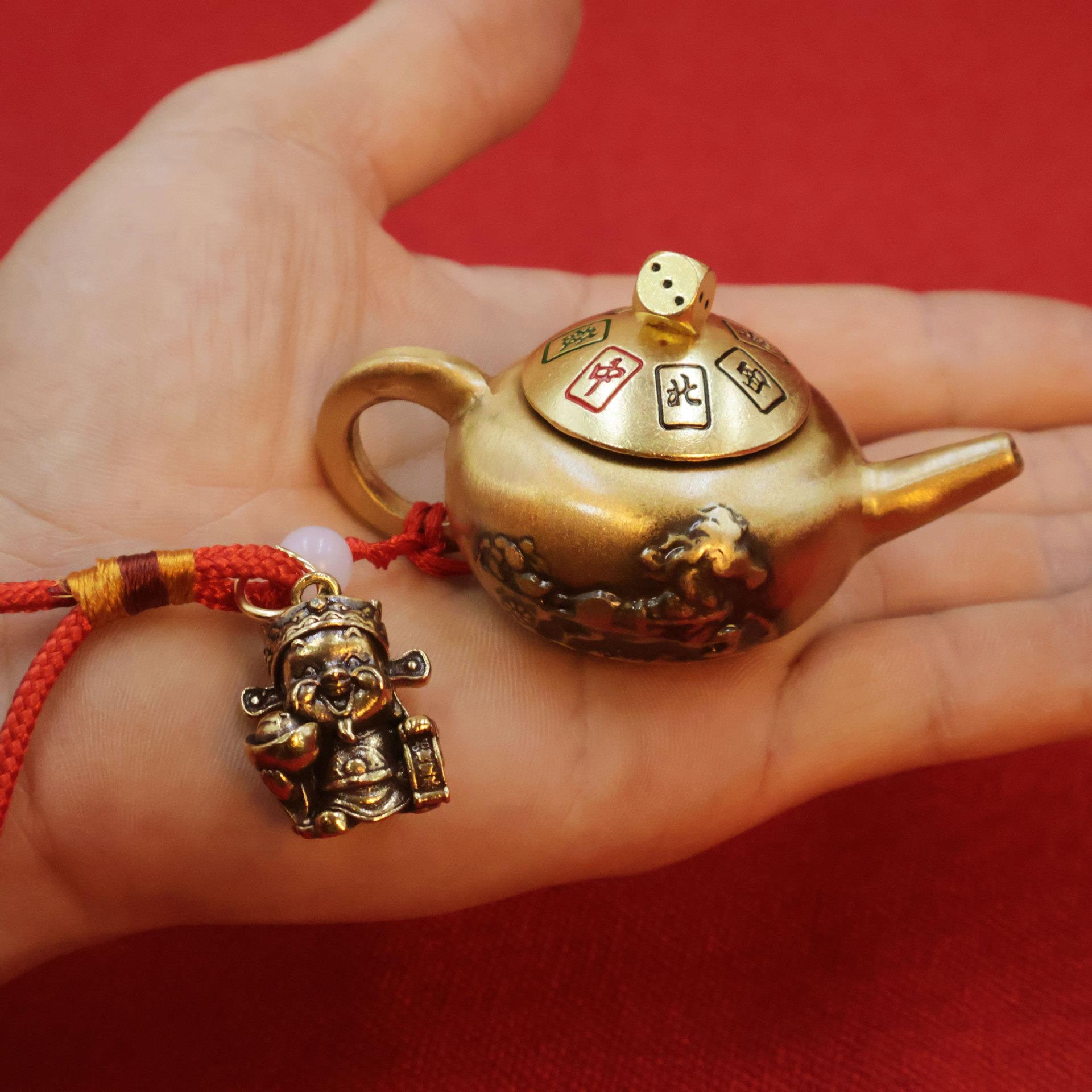 黄铜小茶壶手把件手玩把把壶转转打麻将赢钱把把胡打牌转运小摆件
