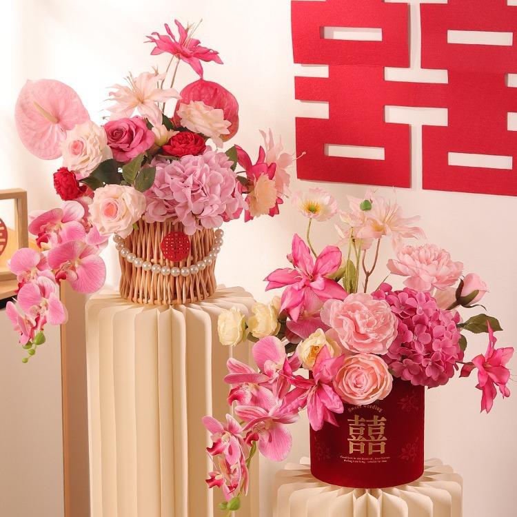 婚房布置装饰套装男女方主卧室酒店结婚新房仿真花摆件DIY抱抱桶