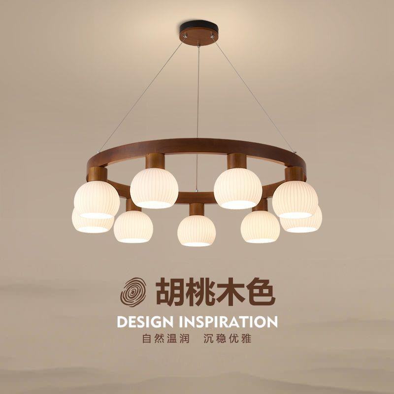 新中式客厅木艺吊灯主灯复古胡桃色实木主卧室灯具日式餐厅LED灯