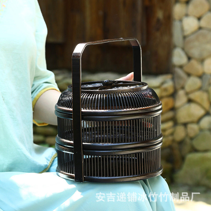 手工竹编收纳盒 复古带盖茶具收纳筐家用整理提篮日式托盘水果篮