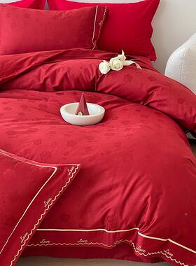 结婚棉10S长绒四件套YRJ202250全棉刺绣提花玫瑰婚庆大红纯印棉被