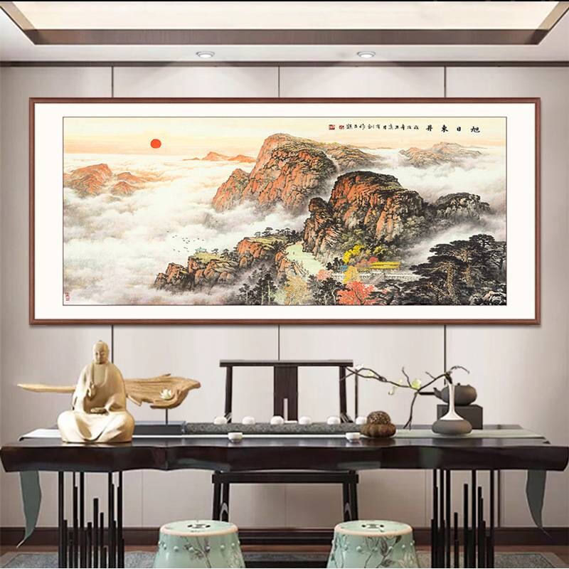 中式客厅沙发背景靠山画有山无水 纯手绘国画泰山日出办公室挂画