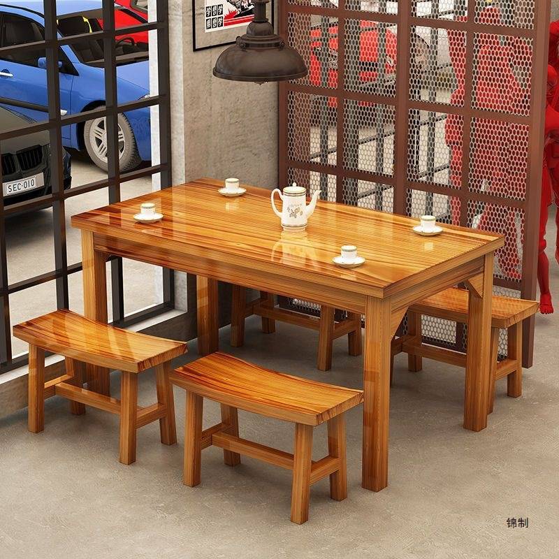饭店桌椅组合实木快餐桌椅小吃烧烤店面馆桌椅大排档早餐馆碳化桌