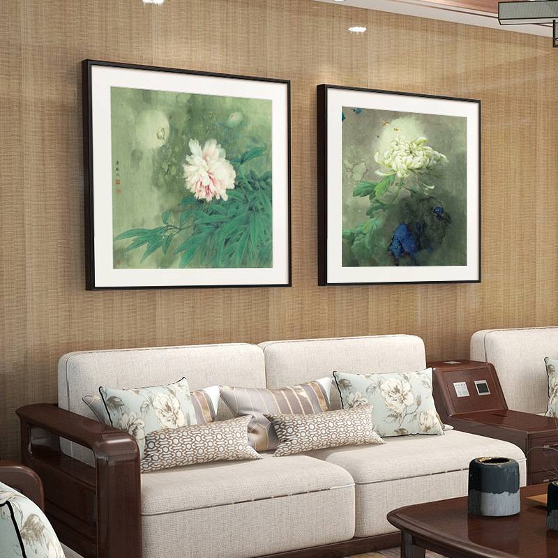 新中式牡丹花装饰画中古风玄关沙发背景壁画书房卧室床头花卉挂画图片