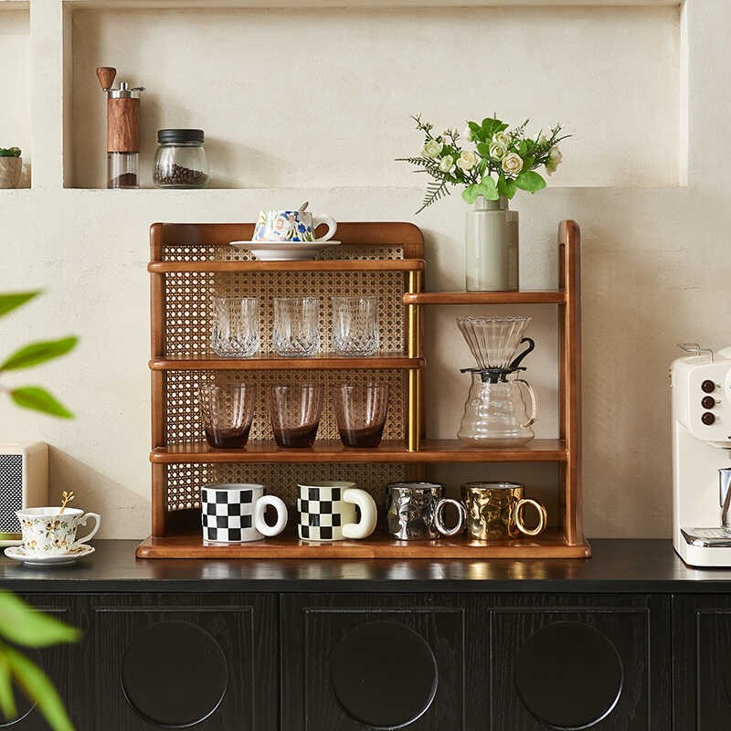 复古藤编杯架g茶台置物架桌面增高架功夫茶杯咖啡杯台面收纳展示
