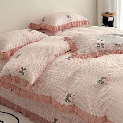 全棉高温洗BZX棉花床盖三件套法式花边亲肤砂通透气四季用榻榻米