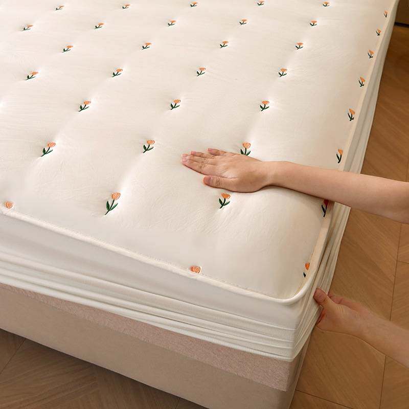 新款 A类纯棉大豆刺绣床褥式床笠单件全棉夹棉床垫保护罩床罩床套