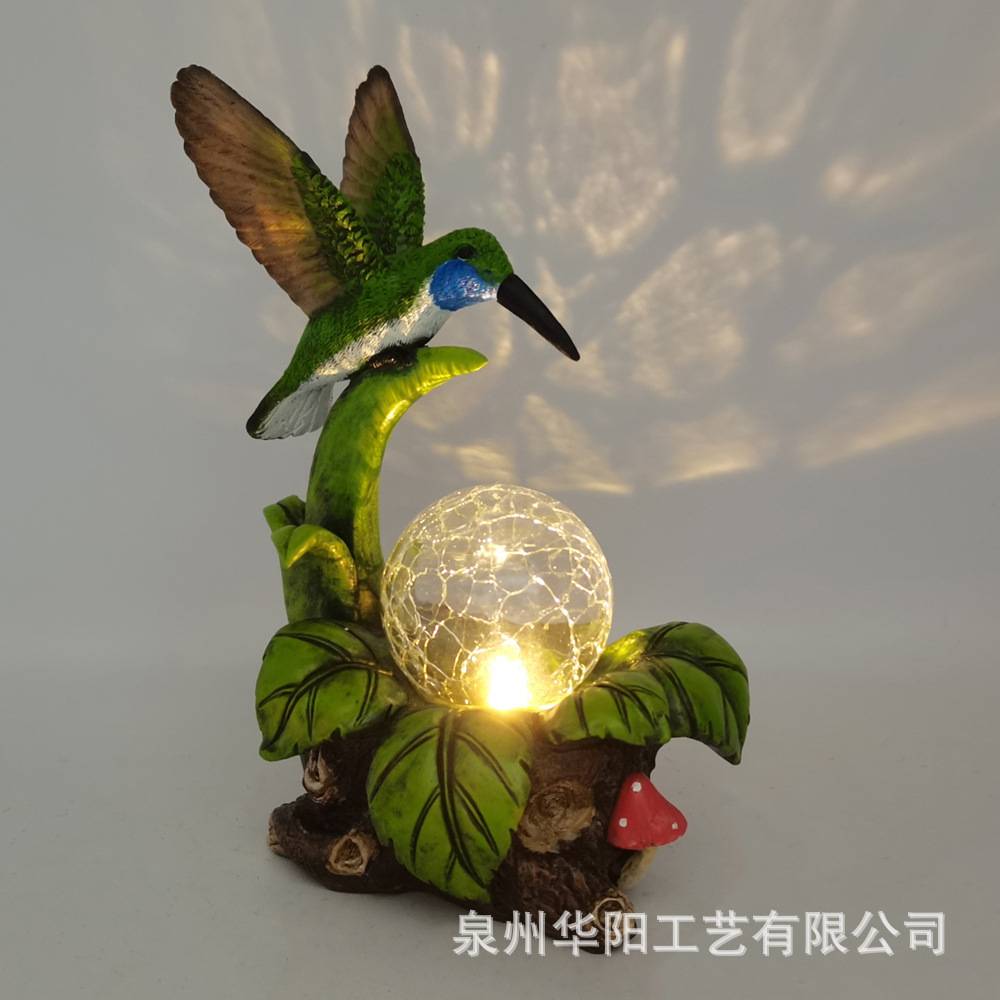 跨境庭院蜂鸟创意摆件树脂工艺品太阳能裂纹玻璃水晶亮球灯装饰品