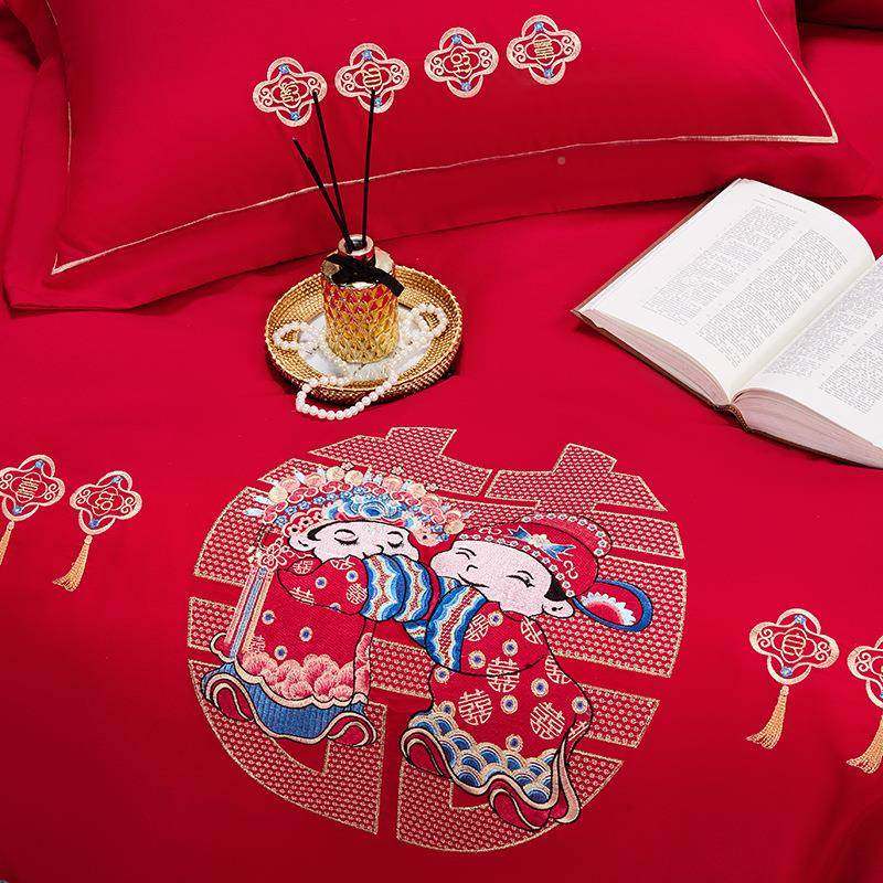 简约婚庆四件套水洗亲夫四件结套大2020604红套色婚床单被床笠床,床上用品,婚庆床品套件,淘宝优惠券,粉丝福利购,淘宝优惠卷