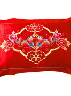 J6D品A棉鸳鸯枕套 大红婚庆刺绣枕头皮宽边48*74一结F76J7J65对装