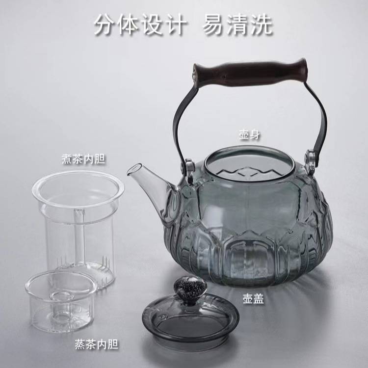 厂家直销一体式蒸煮茶壶耐高温玻璃锤纹带把提梁紫砂大容量家用