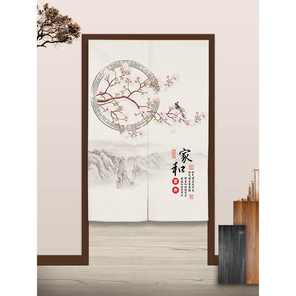 中式门帘古典山水花鸟布艺挂帘免打孔卧室过道玄关半帘厨房隔断帘