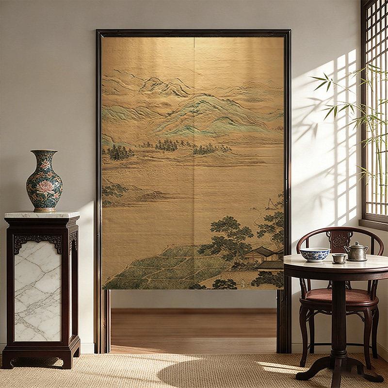 中式山水画门帘玄关卧室房间隔断帘免打孔卫生间厨房遮挡布帘短帘
