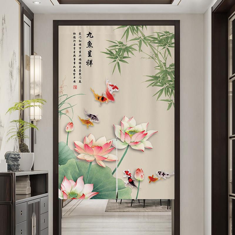 中式荷花鲤鱼图卫生间门帘入户风水半截厨房卧室莲花隔断帘遮挡帘图片