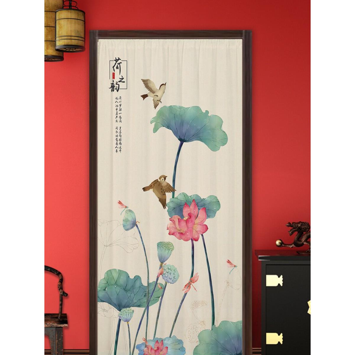 门帘透光不透人新中式花鸟鱼山水墨画装饰遮挡卧室客厅家用免打孔