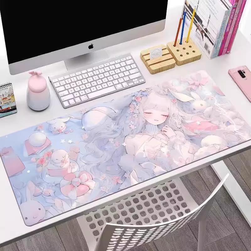 二次元动漫美少女超大号鼠标垫粉色办公游戏电脑键盘垫高颜值桌垫
