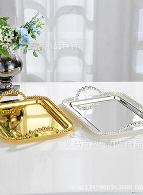 欧托盘金属镀银珠点方T形托盘KV婚庆饰酒店YSA式装饰装水果蛋糕托